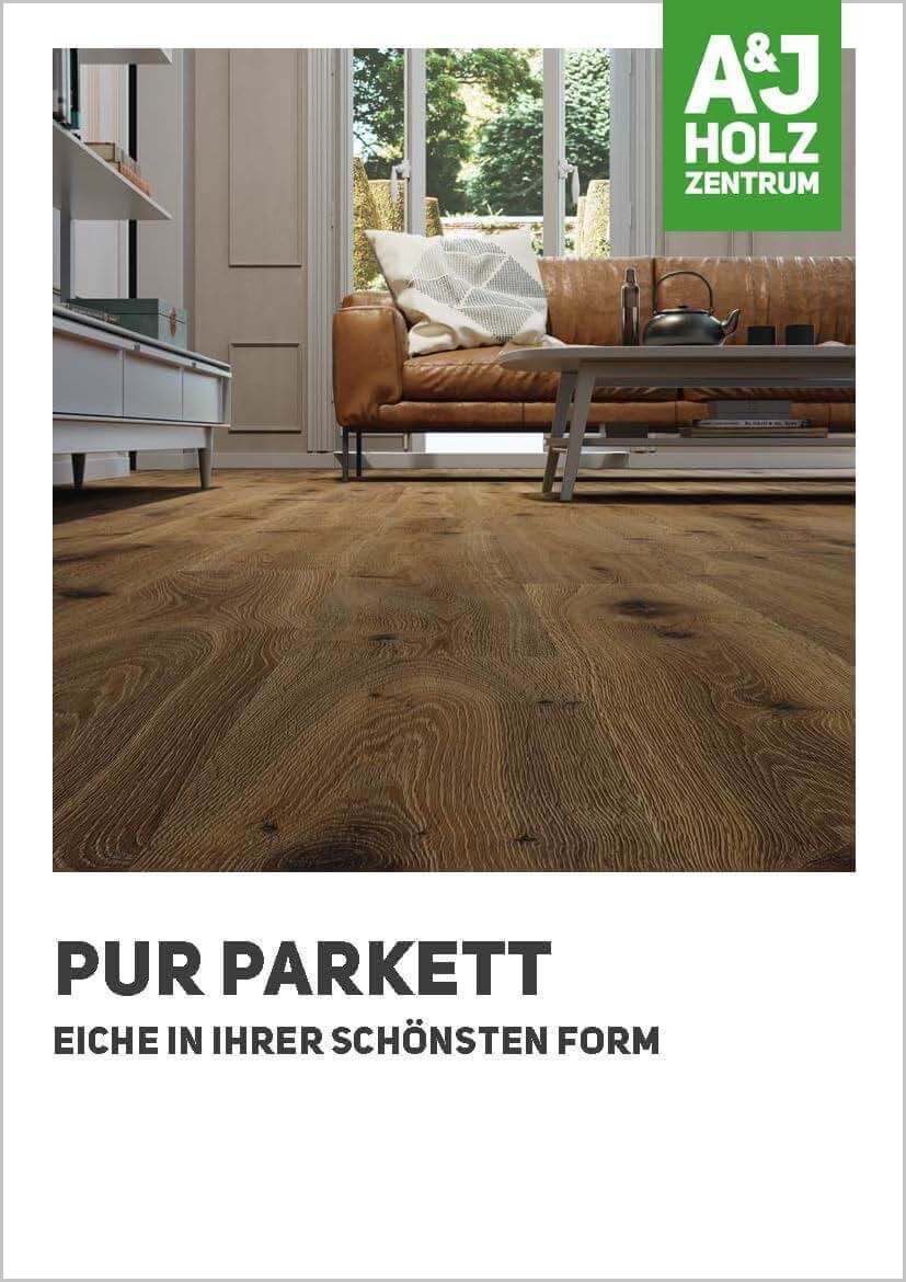 Titelbild vom A&J Katalog Pur Parkett: Blick über lebhaftes Eichen-Parkett  mit deutliche zu erkennenden Jahres-Ringen 